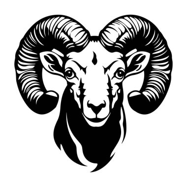 This striking black and white illustration features the detailed head of a ram with prominent horns, perfect for nature themes and artistic designs.