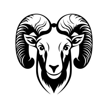 This striking black and white illustration of a ram's head features detailed horns and bold lines, perfect for creative and artistic projects.