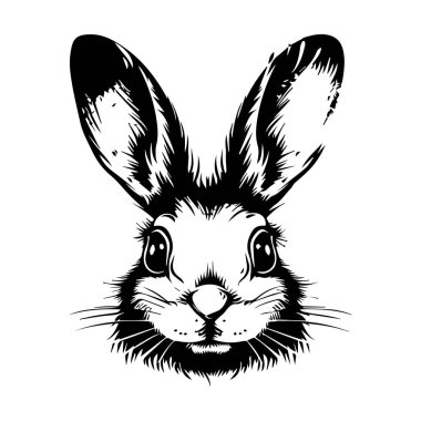 This striking black and white illustration showcases a rabbit's head, featuring large ears and expressive eyes, perfect for various creative projects.