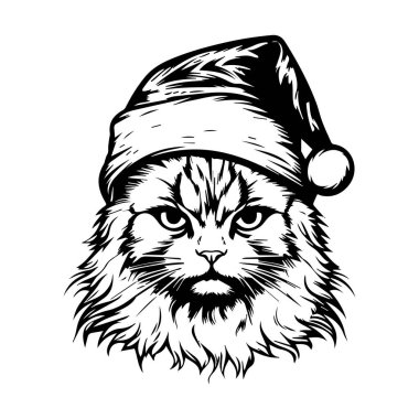 This striking illustration features a cat wearing a Santa hat, showcasing intricate fur details and expressive features perfect for holiday-themed artwork.