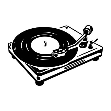 A striking black and white illustration of a vintage turntable with a vinyl record, perfect for music lovers and audiophiles. Capture the essence of classic music!
