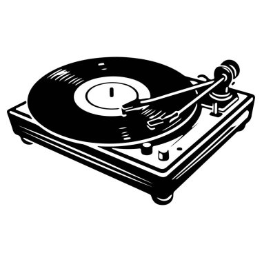 A black and white illustration of a vintage turntable featuring a vinyl record and tonearm, perfect for music enthusiasts and decor.
