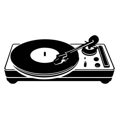 This black and white illustration features a vintage turntable with a vinyl record, showcasing the essence of retro music culture and design.