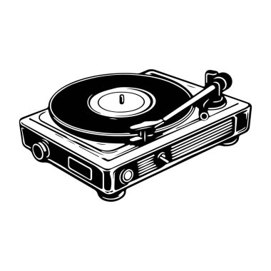 This artistic illustration captures a vintage turntable with a spinning vinyl record, perfect for themes of nostalgia and musical creativity.
