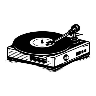 This artistic black and white illustration features a vintage turntable with a vinyl record, perfect for evoking nostalgia among music enthusiasts.