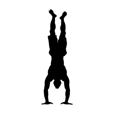 A striking silhouette showcases a person executing a handstand, emphasizing strength and balance in a minimalist artistic style. Ideal for fitness or gymnastics themes.