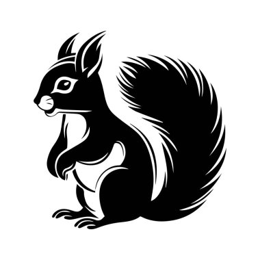 This charming black and white illustration features a squirrel with a bushy tail, perfect for creative projects, logos, and publications.