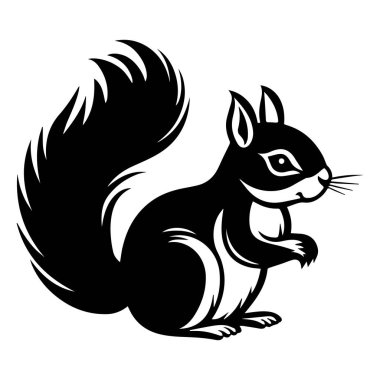 This black and white illustration depicts a charming squirrel with a bushy tail, enhancing the whimsical aesthetic for nature-themed projects.