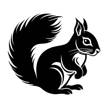 This striking black and white silhouette features a playful squirrel with a fluffy tail, highlighting its agility and curious nature, perfect for artistic projects.