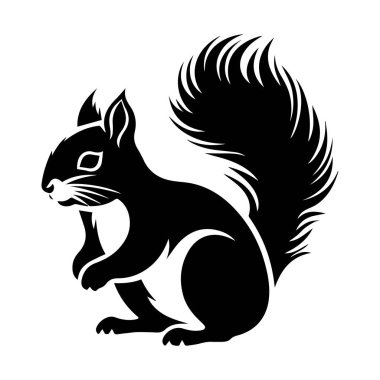 This black silhouette captures a playful squirrel with a bushy tail, depicting its natural behavior of eating while surrounded by nature.