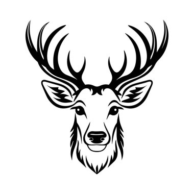 This striking black and white illustration depicts a majestic deer head with prominent antlers, perfect for nature-themed designs.