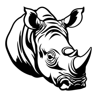 This striking black and white illustration captures the essence of a rhinoceros head, highlighting its strong features and unique horn.