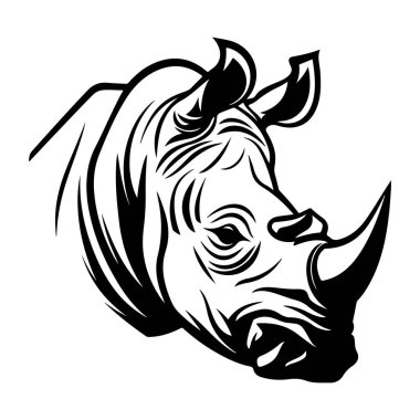 A striking black and white illustration featuring a stylized rhino head, showcasing strength and beauty while promoting wildlife conservation awareness.