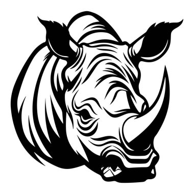 This striking black and white illustration showcases a rhinoceros head with intricate details, embodying strength and grace in wildlife art.