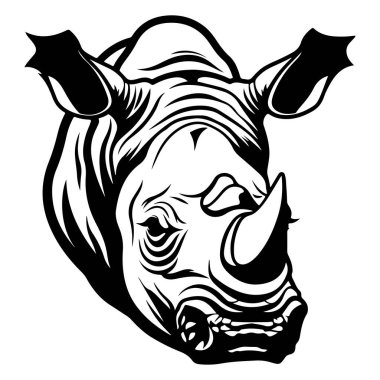 This striking monochrome illustration captures the majestic beauty of a rhinoceros head, highlighting its unique features and textures in detailed line work.