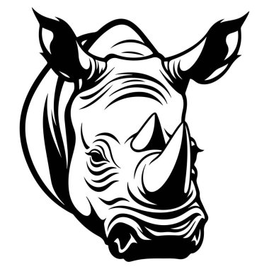This striking black and white illustration of a rhinoceros head captures the majestic features of this powerful animal, perfect for creative use.