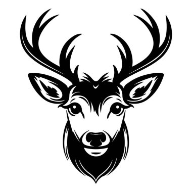 Discover a striking black and white illustration of a deer head, featuring intricate details of antlers and a captivating expression. Perfect for decor.