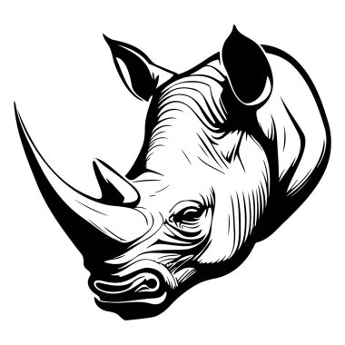 This illustration features a striking black and white depiction of a rhinoceros head, showcasing its powerful presence and intricate details.