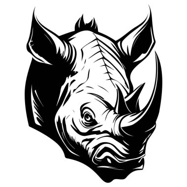 This striking black and white illustration captures the fierce essence of a rhino head with intricate lines and bold features, ideal for art enthusiasts.