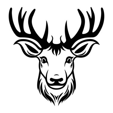 This striking black and white illustration of a deer head features intricate detailing and captivating antlers, perfect for nature-themed projects.