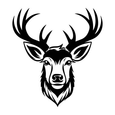 This black and white stylized illustration captures the majestic essence of a deer head, featuring intricate antlers and detailed facial features, perfect for artistic projects or nature-themed designs.