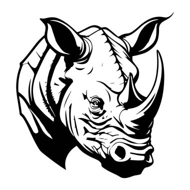This striking black and white illustration features a rhinoceros head in intricate line art. Perfect for themes of wildlife conservation and nature.