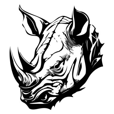 Artistic black and white illustration of a rhinoceros head, showcasing intricate details and textures, ideal for wildlife art enthusiasts.
