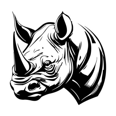 A striking black and white illustration of a rhinoceros head showcases intricate linework and bold features, perfect for wildlife art enthusiasts.