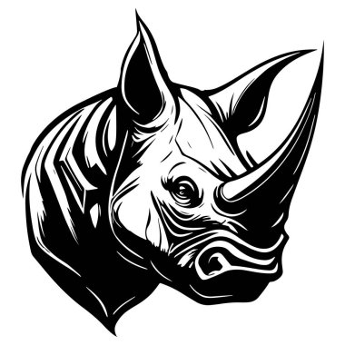 This stunning black and white illustration of a rhino head captures the essence of strength and beauty, showcasing intricate details and bold lines.
