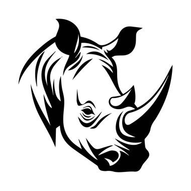 This striking black and white illustration of a rhinoceros head features stylized lines and bold details, showcasing the powerful essence of wildlife.