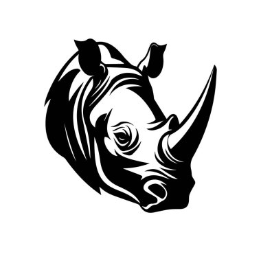 This stylized illustration showcases a rhinoceros head in a bold black and white design, perfect for creative projects and artistic applications.