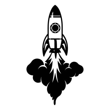 This striking black and white illustration depicts a rocket launching amidst dramatic clouds of smoke and flames, perfect for creative projects.