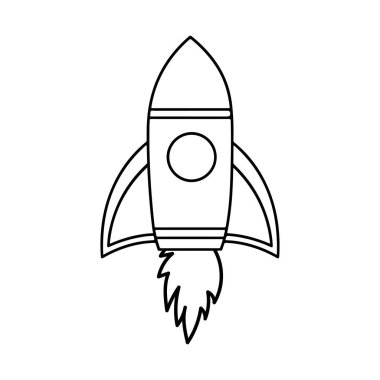This minimalistic line art illustration depicts a rocket poised for launch, featuring dynamic flame detail. Perfect for projects on exploration.