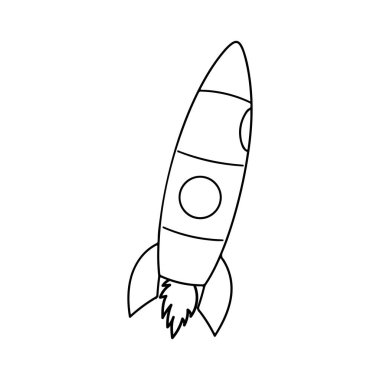 A black and white outline illustration of a cartoon rocket taking off, featuring engine flames. Ideal for educational or creative projects about space exploration.