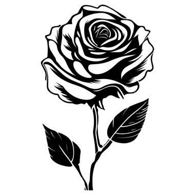 This striking black and white illustration showcases a single rose with intricate details, perfect for floral art projects or decorations.