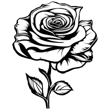 This elegant hand-drawn black and white illustration captures the beauty of a rose flower, featuring detailed petals and leaves, perfect for any art project.