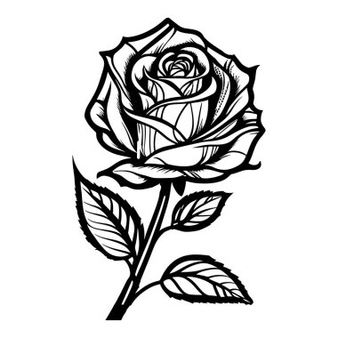 This elegant black and white illustration features a beautifully detailed rose, symbolizing love and beauty in a timeless design perfect for various art projects.