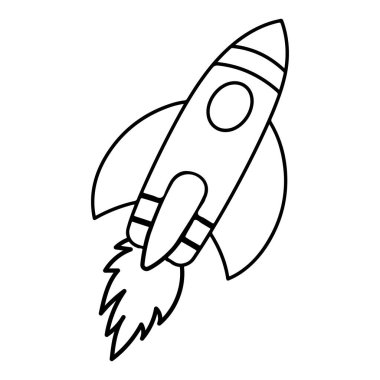 A simple, bold cartoon rocket graphic featuring flames. Perfect for creative projects, educational materials, and children's themes showcasing adventure and imagination.