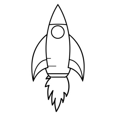 Hand-drawn black and white cartoon rocket illustration ideal for educational materials, children's activities, and creative projects.