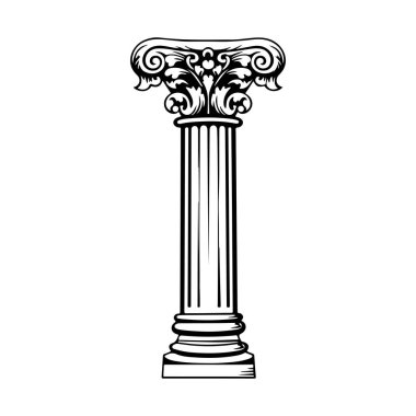 A classic Corinthian pillar illustrated in black and white showcases intricate details and elegant lines, ideal for architectural themes.