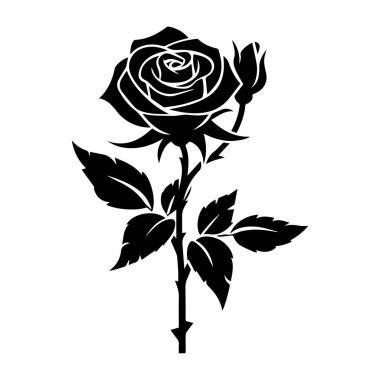 A striking black silhouette of a single rose flower features intricate leaves and a budding flower, perfect for elegant designs and decorations.