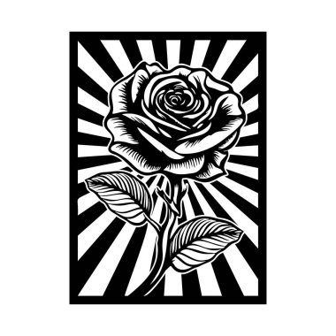 This striking black and white illustration features a rose with bold lines against a radiating background, combining elegance and artistry.