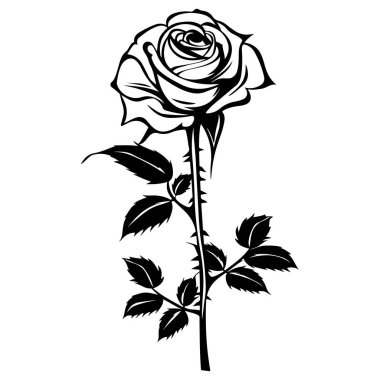 This black and white outline of a single rose features detailed leaves and a smooth stem, perfect for floral illustrations and decorative designs.
