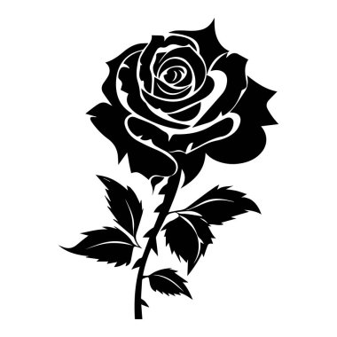 A striking black silhouette of a rose flower with detailed petals and leaves, perfect for art projects, crafts, and decorations.