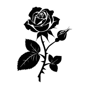 A stunning black silhouette of a rose plant showcases intricate details of petals and leaves, perfect for artistic projects and decoration.