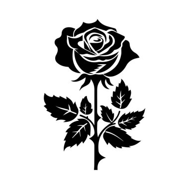 This striking black rose silhouette features intricate leaf details, perfect for artistic projects, crafts, or decorative purposes, symbolizing elegance.