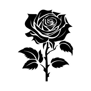 This stunning black silhouette of a rose exhibits intricate details in petals and leaves, ideal for art projects, decorations, and design inspirations.