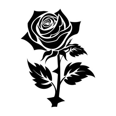 This elegant black silhouette of a rose surrounded by leaves creates a striking visual for artwork, branding, or decor, conveying beauty and romance.