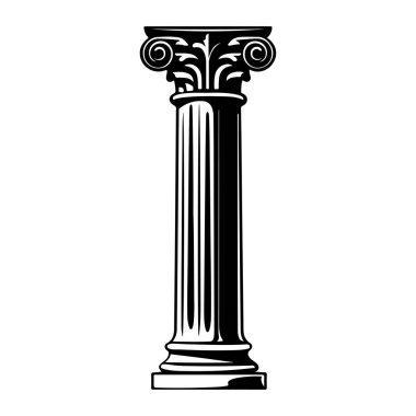 This black and white illustration features a classic column design, showcasing intricate scrollwork and grooved detailing, perfect for architectural themes.