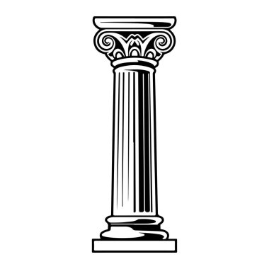 A striking black and white illustration of a classic Greek column featuring a detailed capital and vertical fluting, perfect for history enthusiasts.